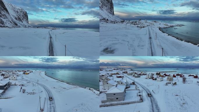 挪威罗弗敦群岛北极圈跟车冬季雪景高空航拍