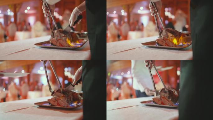 用猪的前脚做的。生牛肉片。在餐馆里切火腿肉。