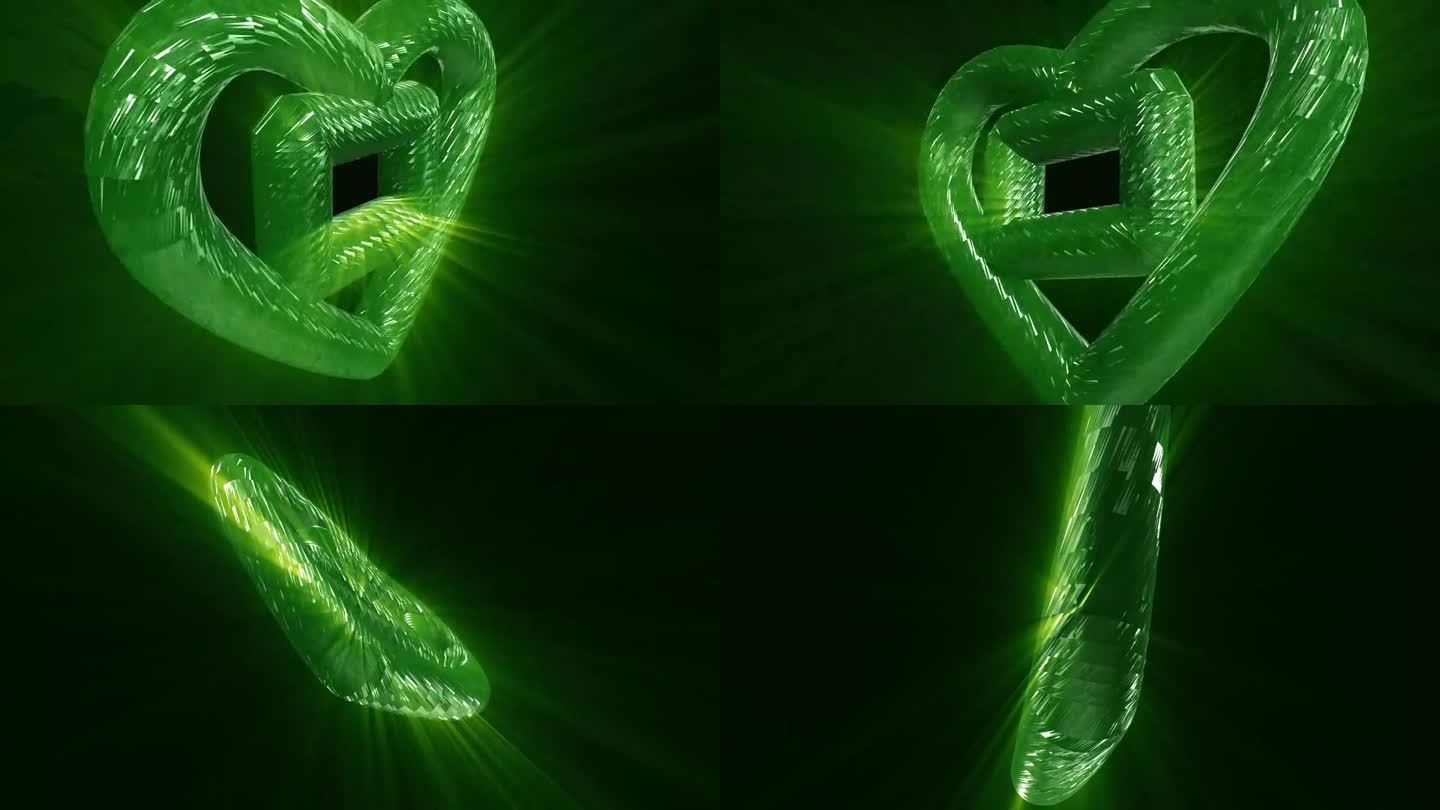 抽象的背景3D动画的心脏与一个广场在绿色的黄色闪亮的未来主义玻璃的中心。