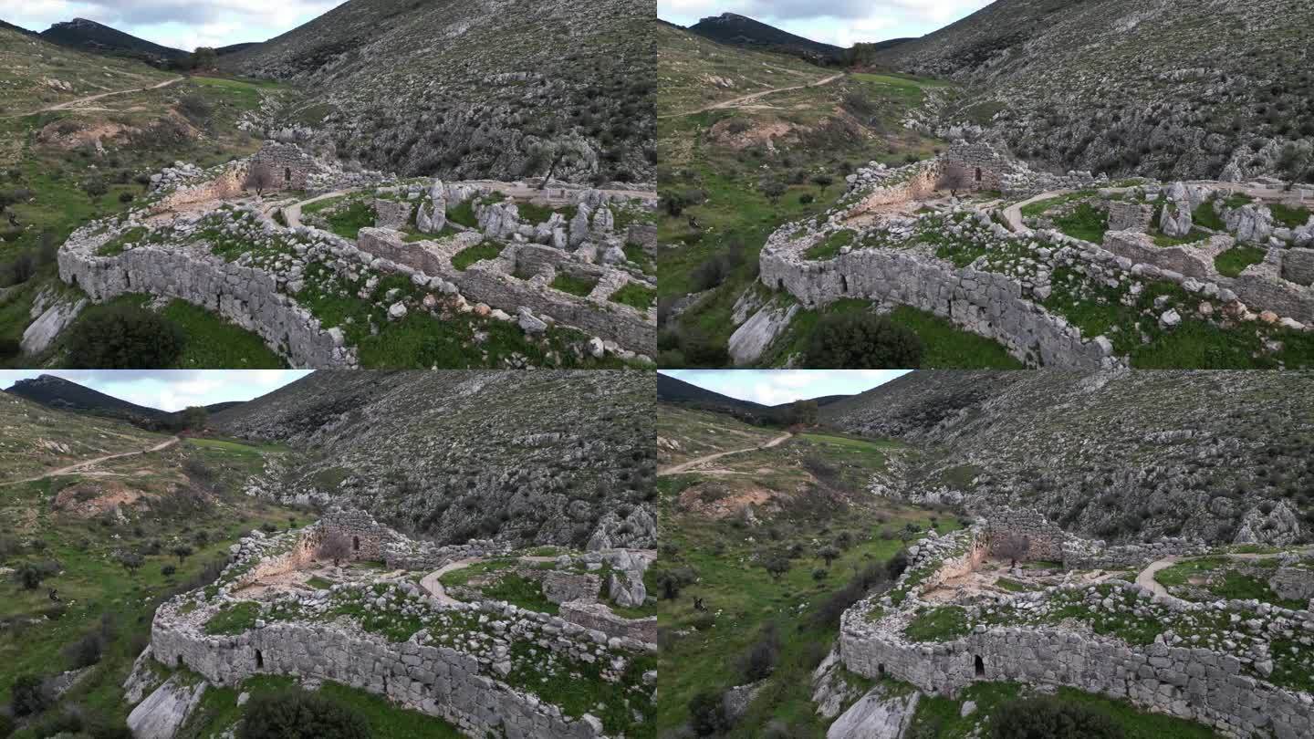 希腊伯罗奔尼撒半岛东北部古代城堡考古遗址的无人机鸟瞰图-公元前12世纪的希腊定居点。e.阿伽门诺卫城