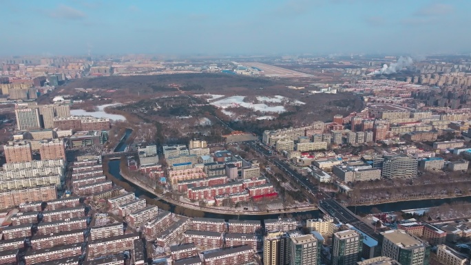 辽宁沈阳皇姑区冬季城市雪景航拍