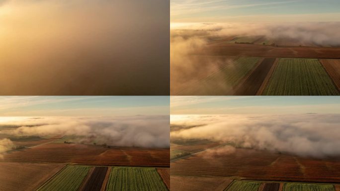 超延时无人机拍摄云移动在农村作物在日出的天空
