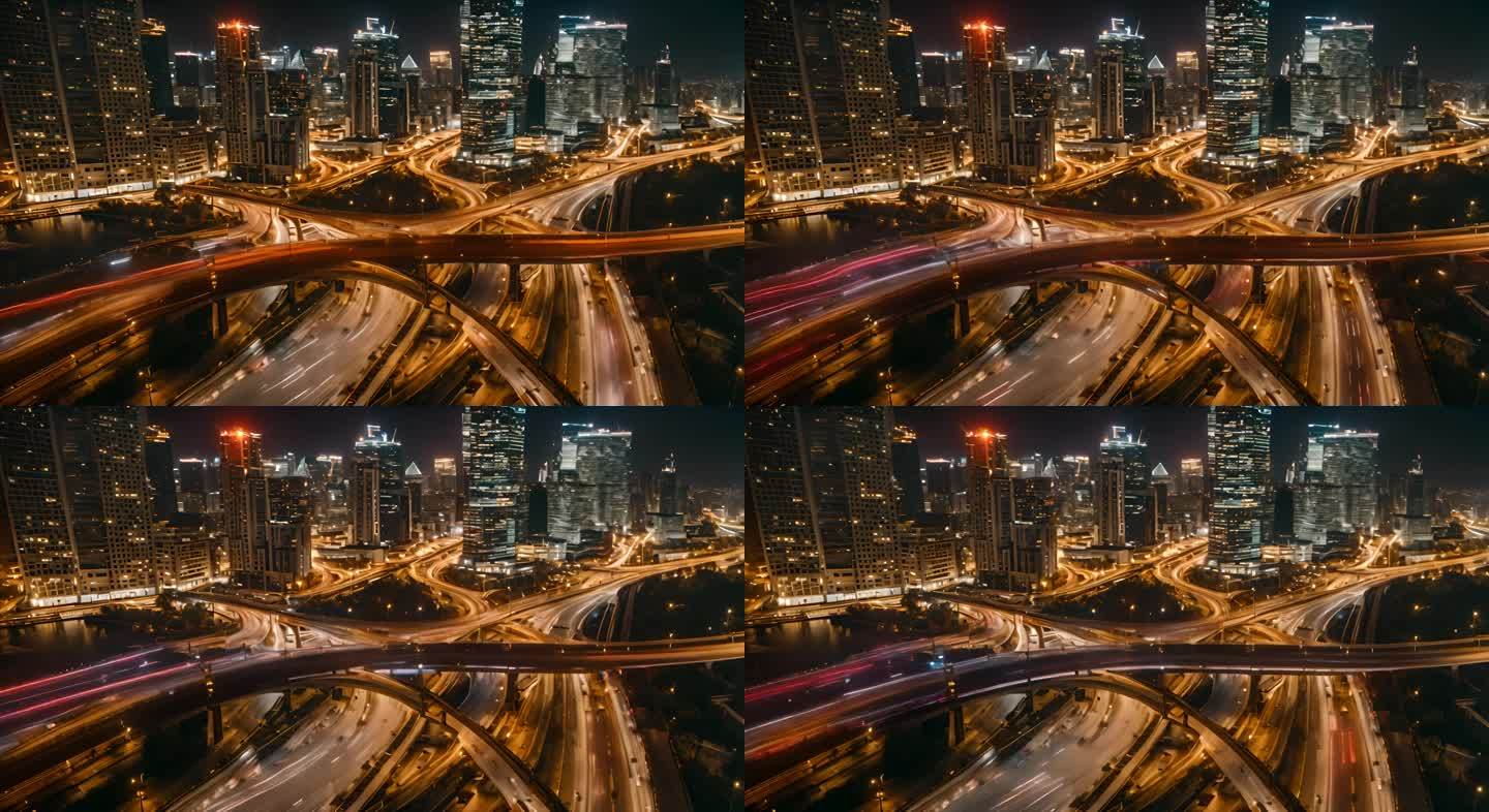 夜间城市道路照明的俯视图有汽车