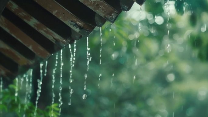 4k雨水自然24节气风景下雨竹林屋檐落雨