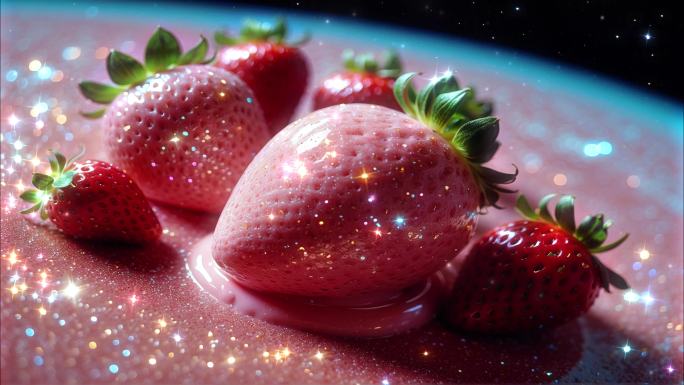 4K三维立体几何草莓蛋糕糖果唯美梦幻背景