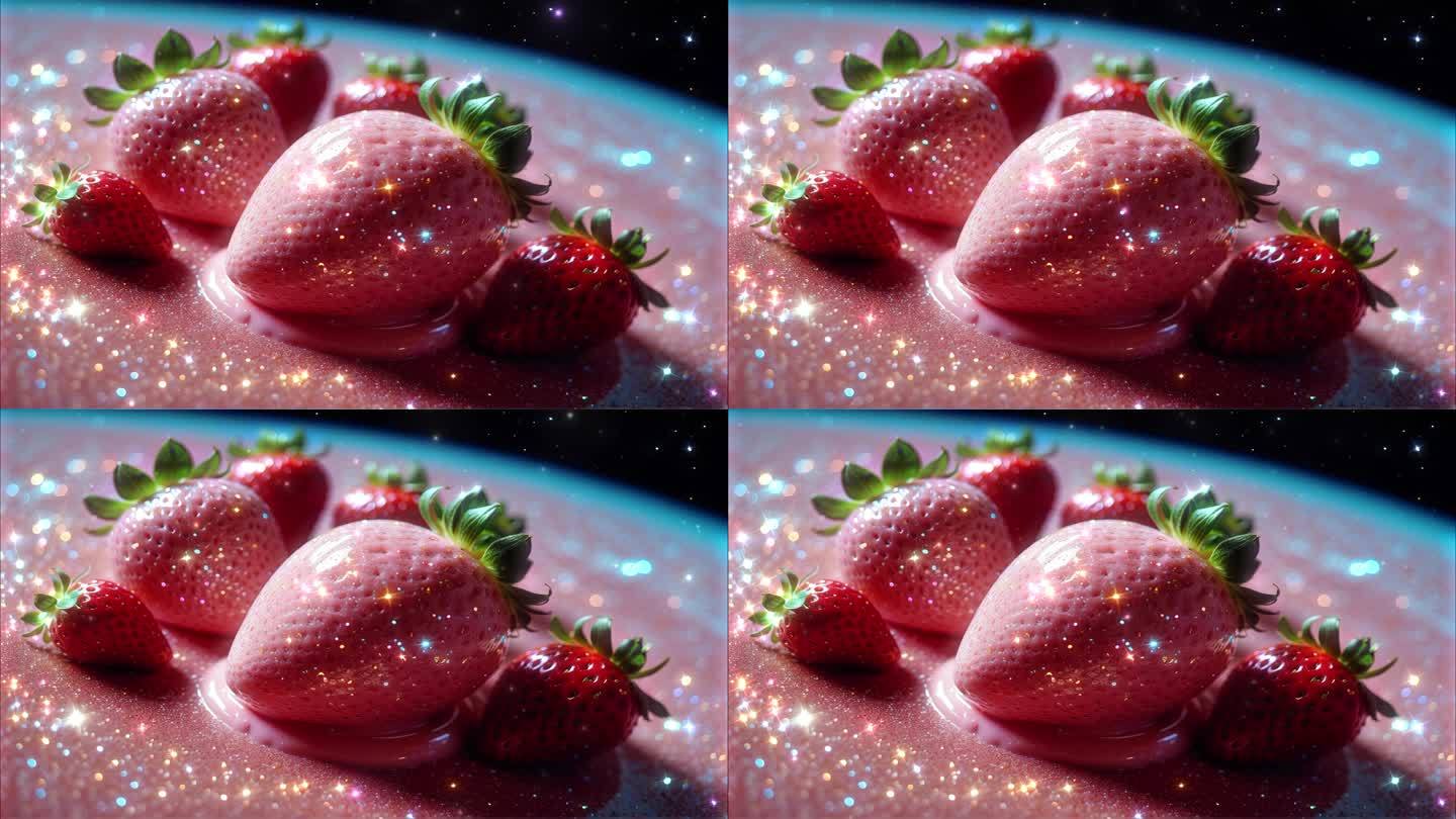 4K三维立体几何草莓蛋糕糖果唯美梦幻背景