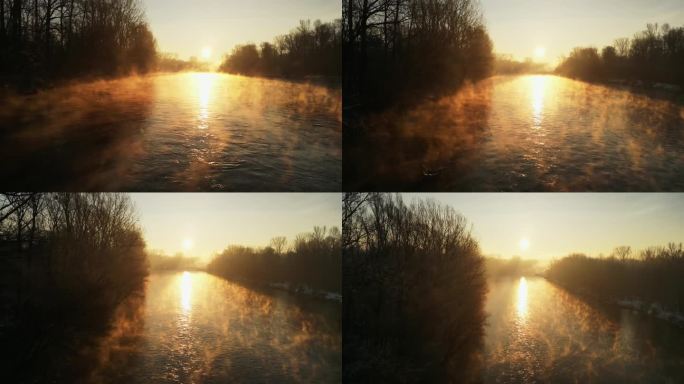 阳光在穆尔河上跳舞，照亮了树木剪影中宁静的水面