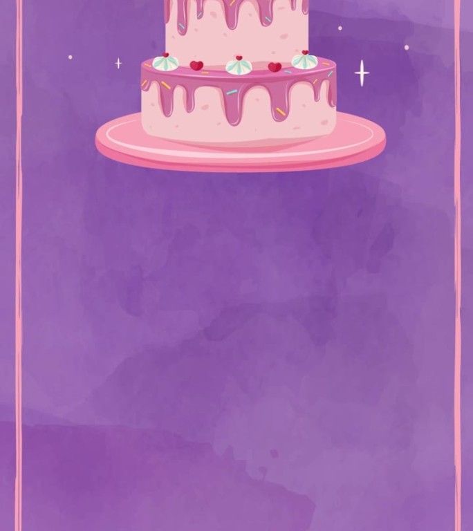 粉红色的生日蛋糕与燃烧的蜡烛出现在紫色的背景。垂直移动高清动画视频。