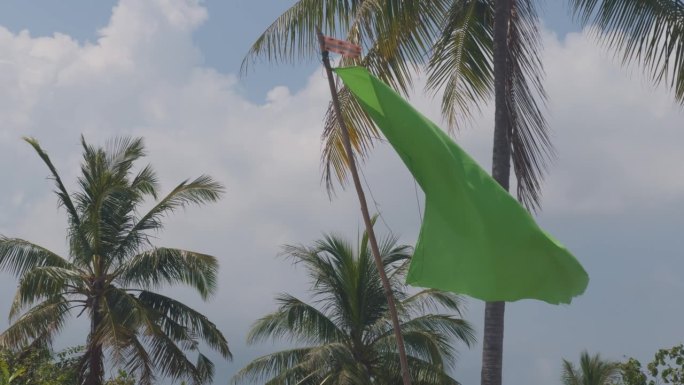 绿旗在耀崖岛的沙滩上飘扬