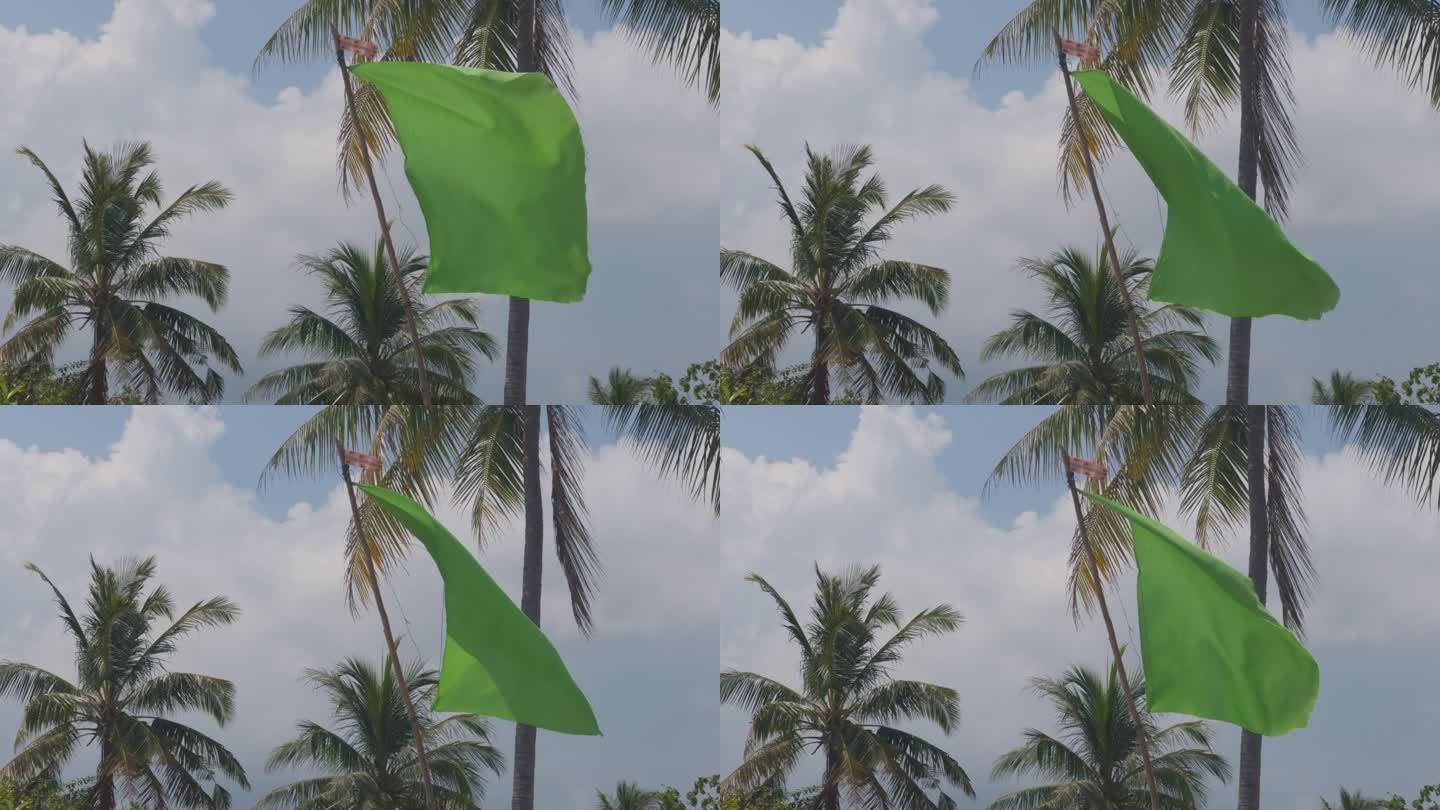 绿旗在耀崖岛的沙滩上飘扬