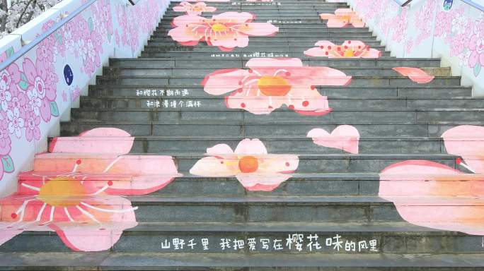 唯美樱花涂鸦台阶 苏州网红樱花电车站