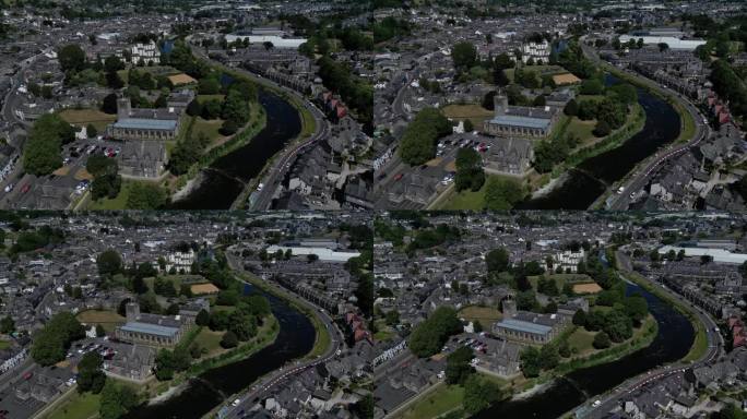 4K:英国坎布里亚郡肯德尔的无人机视频。与河流的圆形镜头。库存视频剪辑素材