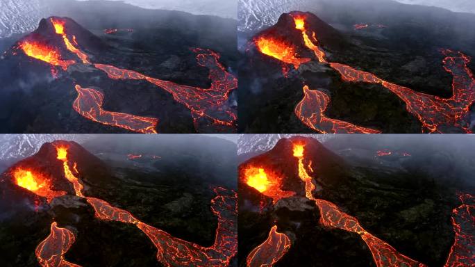 由一架4K无人机拍摄的空中电影镜头展示了两座并排的火山的独特景象，两座火山都在熔岩流倾泻而下时迅速喷