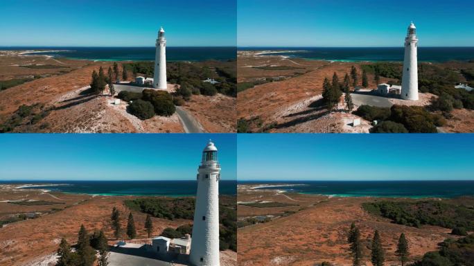 在一个晴朗的夏日，西澳大利亚州罗特尼斯岛上的瓦杰莫普灯塔鸟瞰图