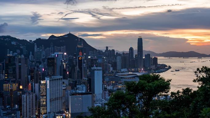 香港夜景风光维多利亚港日落延时