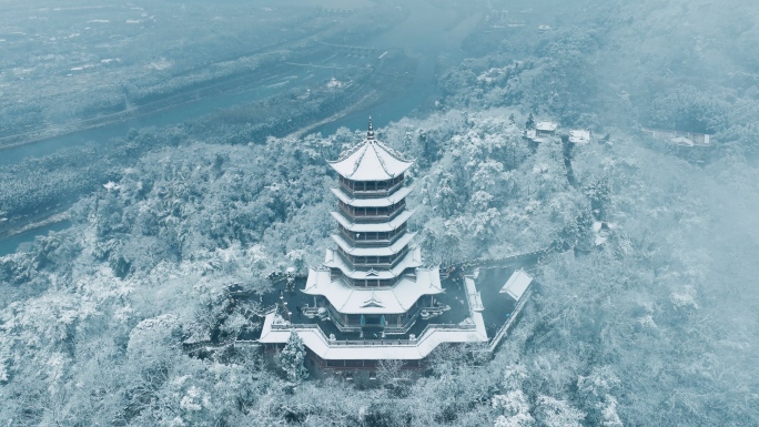 都江堰玉垒阁玉垒山雪景航拍