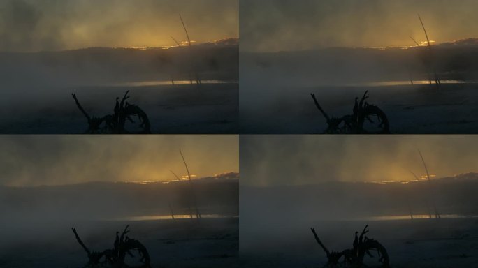 日落后黄石国家公园朦胧景观的广角镜头