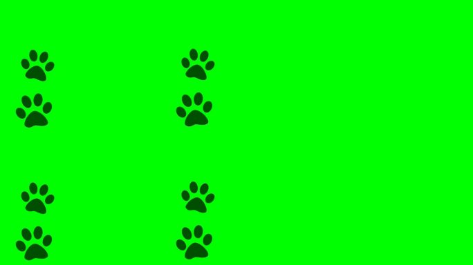 一只正在行走的狗的爪印在绿色的屏幕上是黑色的。