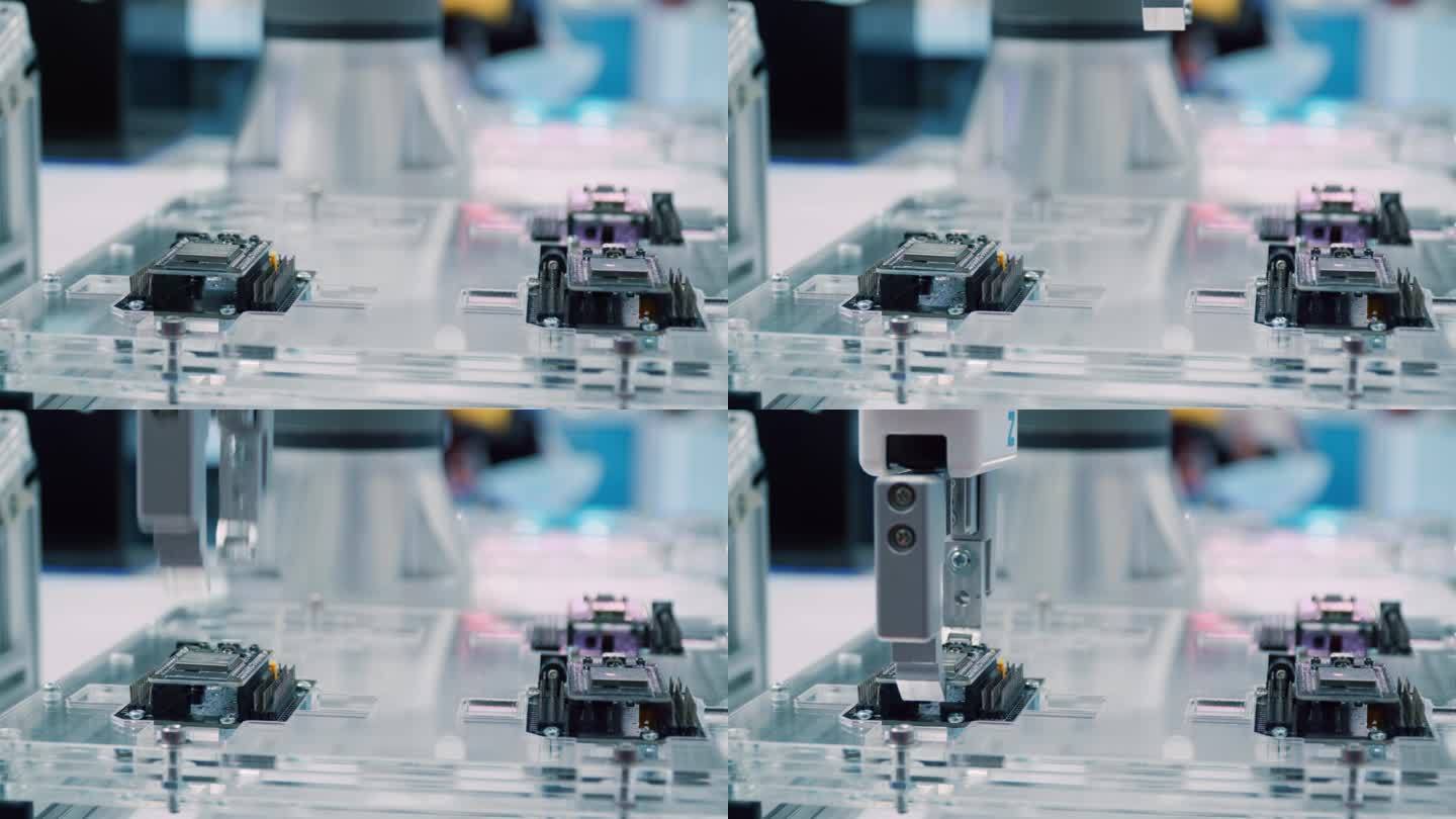 电子厂电脑处理器生产线近景。微芯片制造工艺。