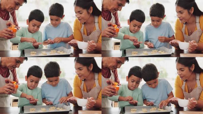 奶奶，妈妈或孩子在厨房烤饼干作为一个快乐的家庭在家里学习烹饪食谱。支持，孩子的发展或长辈帮助或教孩子