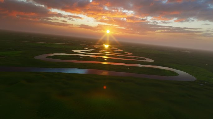 4K大草原日出河流九曲十八湾黄河