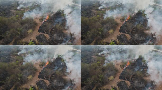 在繁忙的高速公路旁，无人机拍摄的森林大火鸟瞰图。一团巨大的烟雾升起。旱季自然灾害
那空叻差玛，泰国