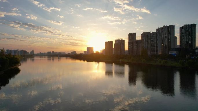 黄山城市夕阳晚霞徽派建筑新安江风光航拍