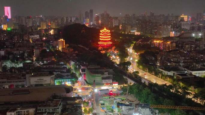 湖北黄鹤楼公园武汉长江大桥夜晚夜景航拍车