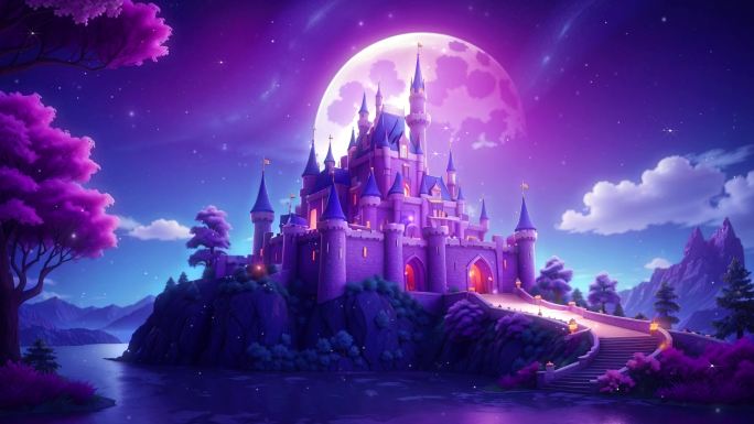 4K卡通动漫梦幻城堡夜晚月亮童话故事背景