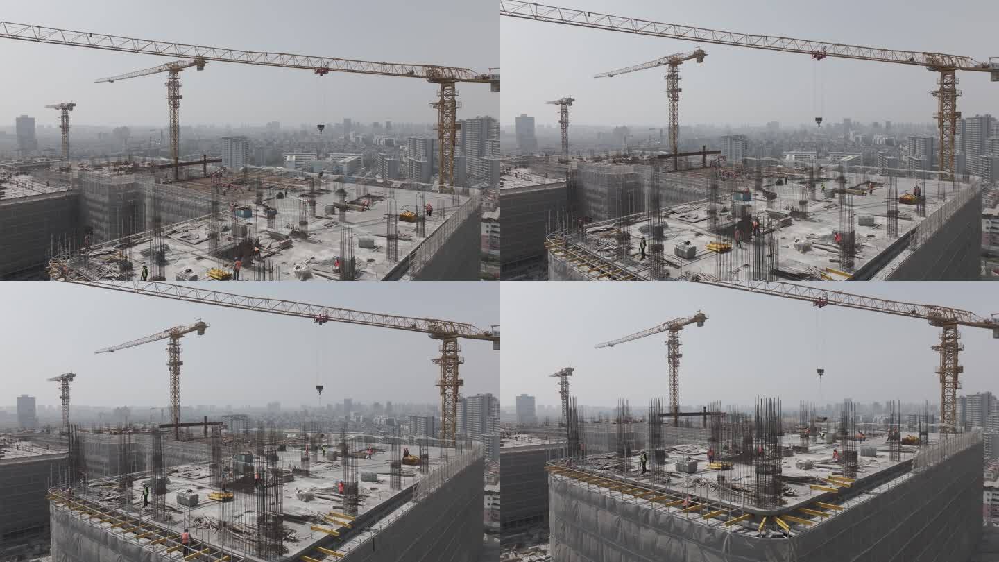 航拍4K工地工人施工楼顶塔吊宁波第二医院