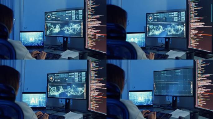 年轻的亚洲女性软件开发人员使用电脑在多屏幕的办公桌上为人工智能技术编写代码应用程序，在家办公。程序员