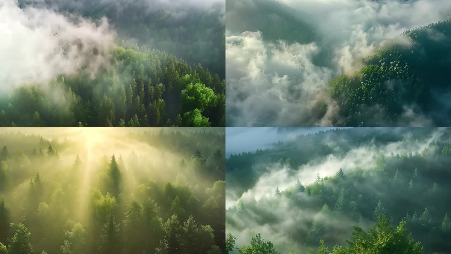 森林航拍 逆光 森林光影云雾 森林日出