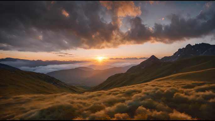 草原山地夕阳日落