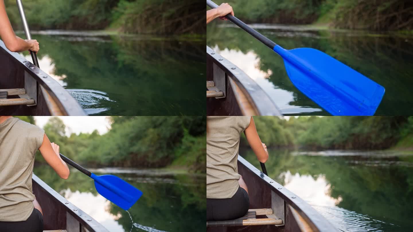 夏天在河上划独木舟的年轻女子