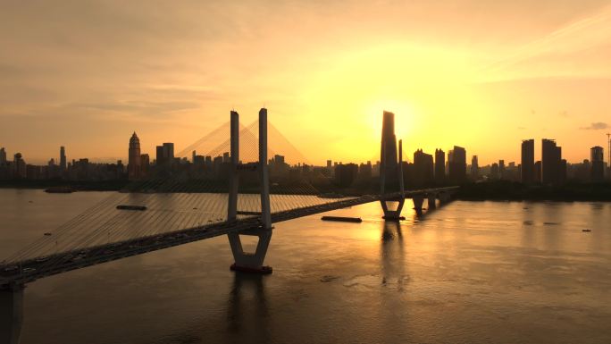 武汉长江二桥城市日落航拍