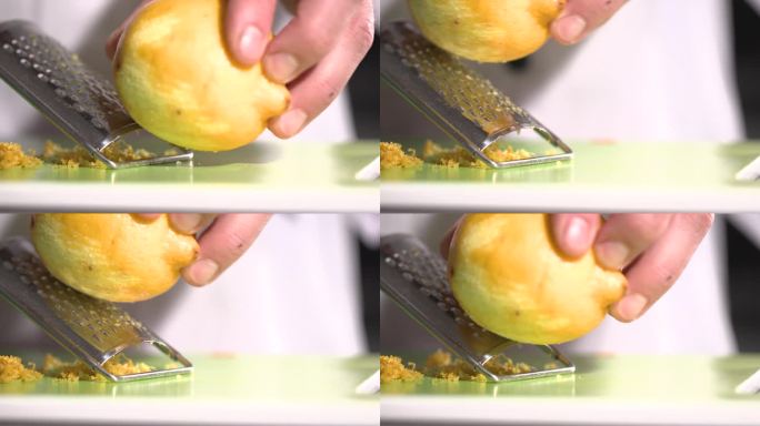 用细磨碎器磨碎柠檬皮。