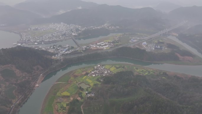 安徽歙县昌溪 航拍 云雾 徽派建筑油菜花