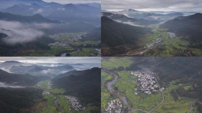 江岭风景区 晨雾 春天航拍 油菜花 山谷