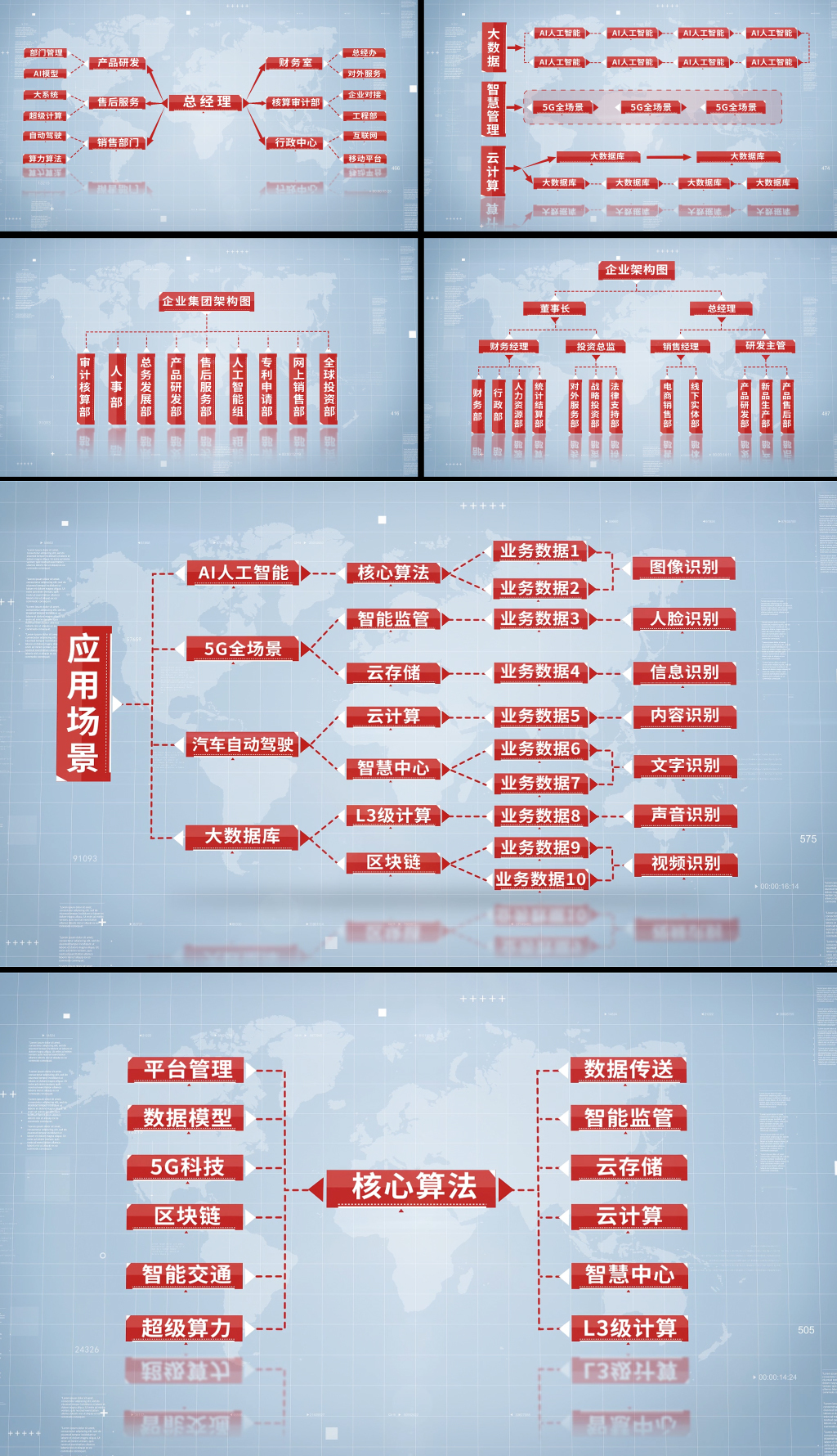 6款红色简洁科技框架组织架构图AE模板