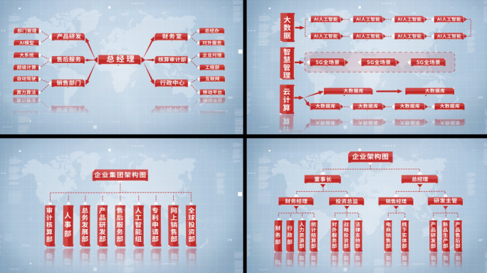 6款红色简洁科技框架组织架构图AE模板