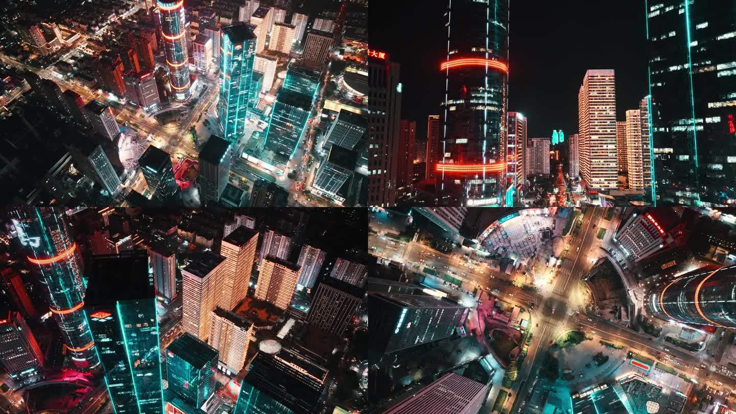 青岛市北CBD高楼建筑航拍夜景