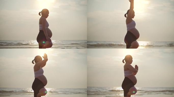 年轻的孕妇在海滩上进行深度冥想