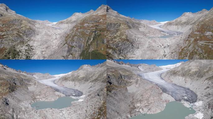 罗纳冰川(Rhonegletscher)和瀑布的鸟瞰图，靠近弗尔卡山口，瓦莱州，瑞士。从30帧每秒加