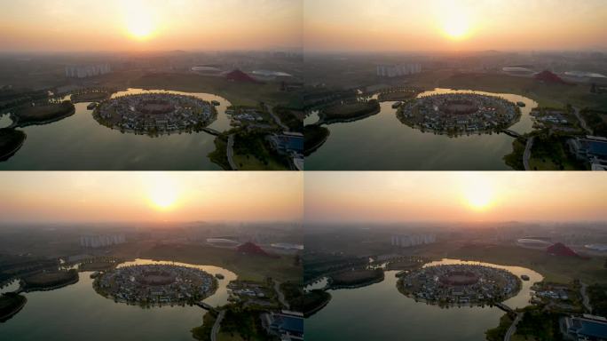 蚌埠城市龙子湖湖上升明月夕阳落日风景航拍