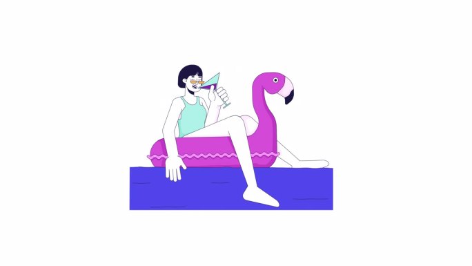 亚洲女性与鸡尾酒在泳池线卡通动画