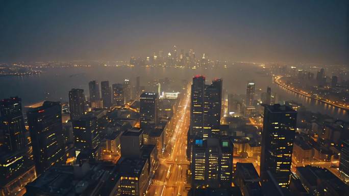 夜晚城市4k城市清晨朦胧都市城市航拍