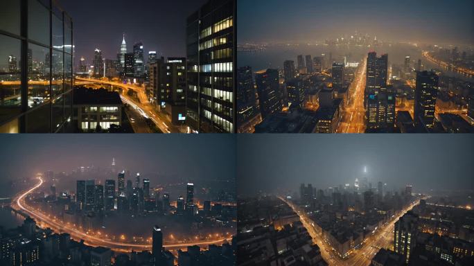 夜晚城市4k城市清晨朦胧都市城市航拍