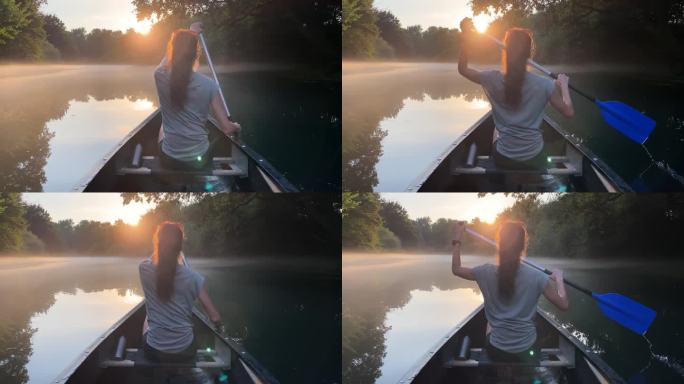 在日落时分乘独木舟探索美丽的大自然