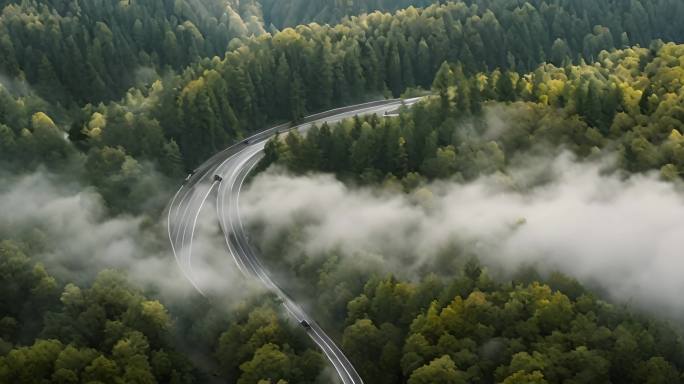 航拍山地盘山公路薄雾下的盘山公路