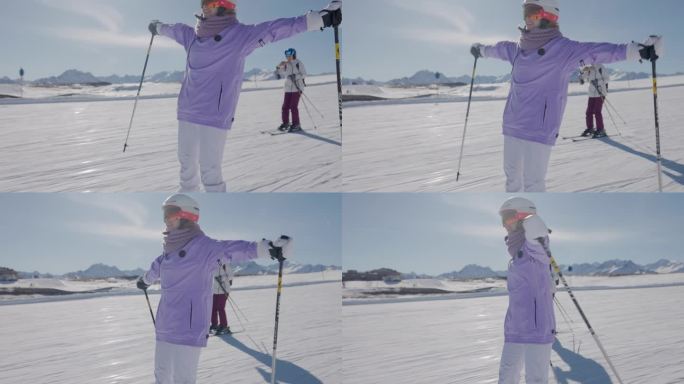 在一个阳光明媚的冬日，母亲和女儿在阿尔卑斯山的滑雪胜地一起滑雪